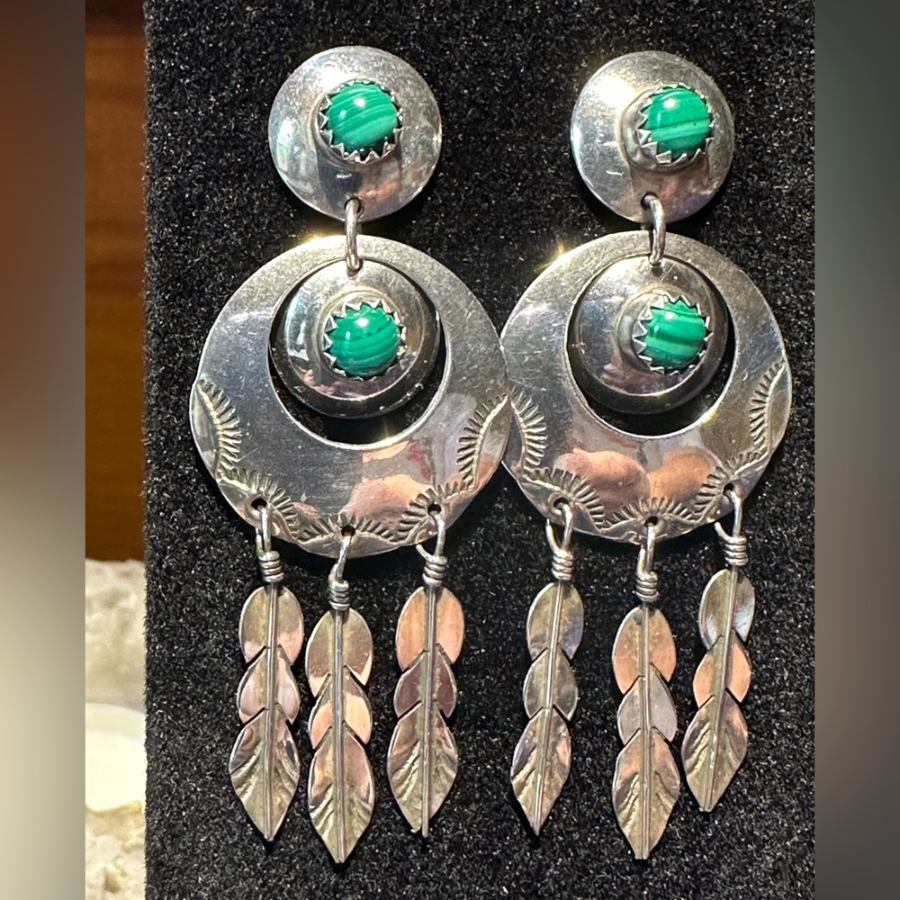 Vintage Sterling Silver Native American Malachite Feather Earrings